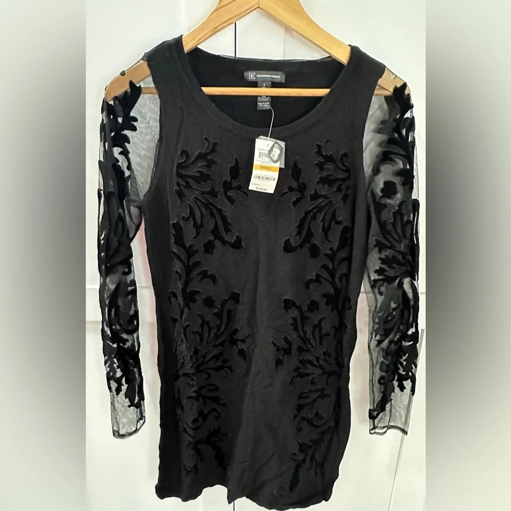 Inc Womens Black Flocked Velvet Long Sleeves Tunic Lace Sweater size small NWT - Picture 2 of 4